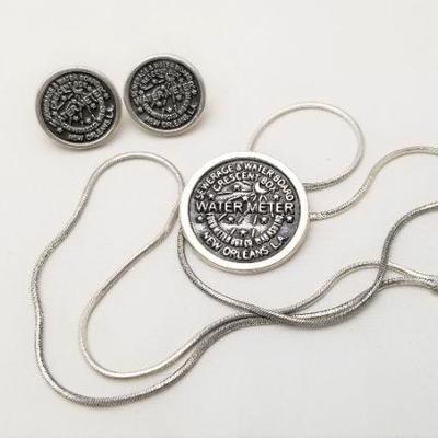 Lot #228  Sterling Silver New Orleans Water Meter Necklace and Earrings