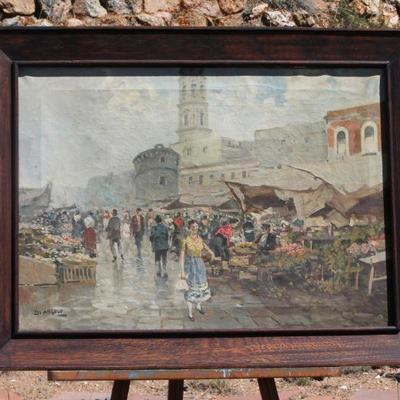 Lot 2-99: Vintage 1950's Italian Fine Art Oil Painting of Market Scene SIGNED D. Angelo {36