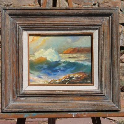 Lot 2-116: Vintage Crashing Ocean Waves Oil Painting SIGNED by Wanda Fisher {18.5