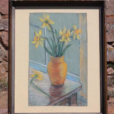 Lot 2-119: Antique Signed Daffodils Chalk Drawing with Original Handwritten Details Note{22