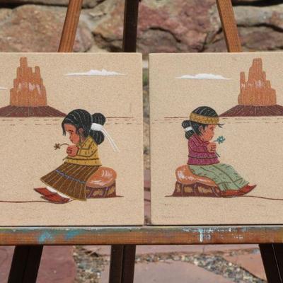 Lot 2-121: (2) Vintage Navajo Sand Paintings of Boy and Girl {Each is 8