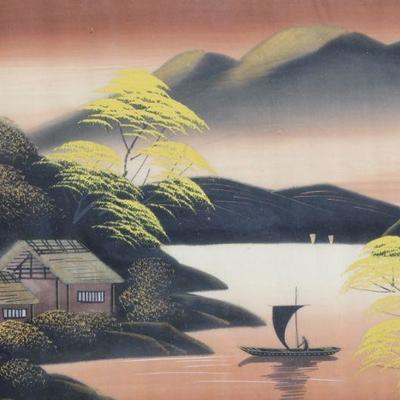 Lot 2-131: Vintage Asian Mountain Landscape Scene Colorful w/ Wood Frame {18.5