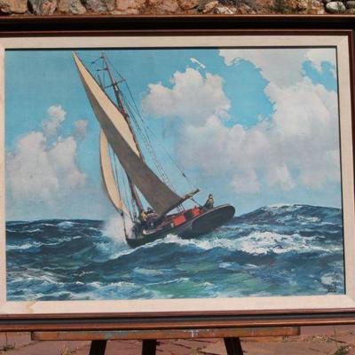 Lot 2-136: Vintage SIGNED Large Oil Painting of Sailboat at Sea {34