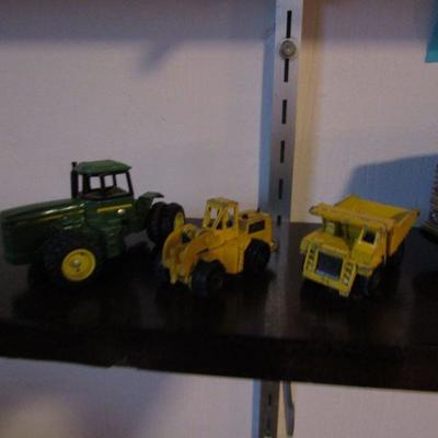 LOT 185 TOY CARS, BUS, SHIP, TRACTORS 