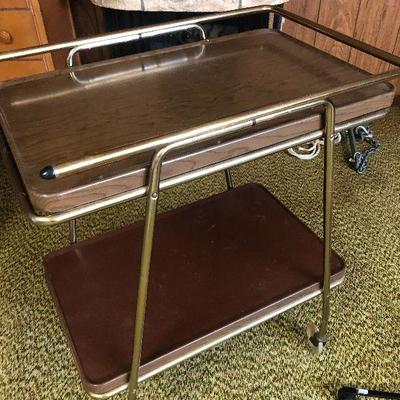 F74: Mid Century Modern Two-Tier Metal Bar/Utility Cart Faux Wood Grain on Wheels. 