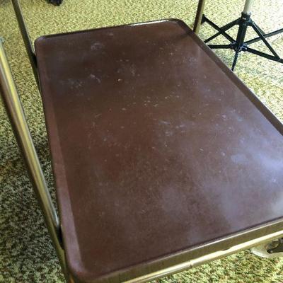 F74: Mid Century Modern Two-Tier Metal Bar/Utility Cart Faux Wood Grain on Wheels.