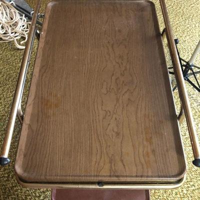F74: Mid Century Modern Two-Tier Metal Bar/Utility Cart Faux Wood Grain on Wheels. 