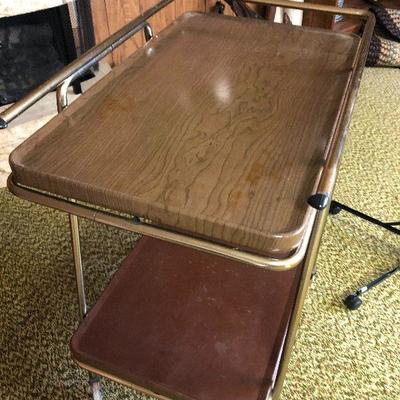 F74: Mid Century Modern Two-Tier Metal Bar/Utility Cart Faux Wood Grain on Wheels. 