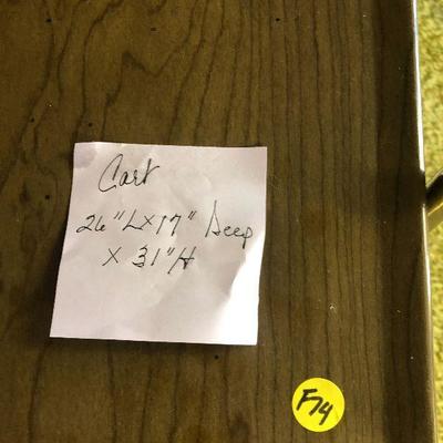 F74: Mid Century Modern Two-Tier Metal Bar/Utility Cart Faux Wood Grain on Wheels.