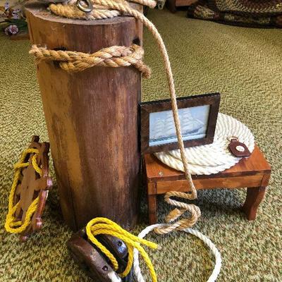 F81: Nautical Beach House Decor Pulleys, Post, Foot Stool