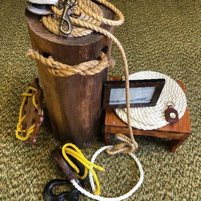 F81: Nautical Beach House Decor Pulleys, Post, Foot Stool