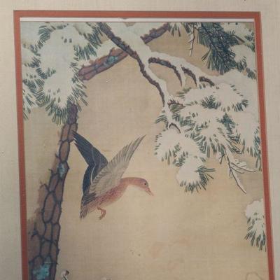Lot 2-183: Antique/Vintage Japanese Birds in Winter Original Framed Art {27.5