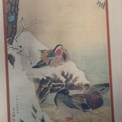 Lot 2-183: Antique/Vintage Japanese Birds in Winter Original Framed Art {27.5