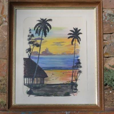 Lot 2-191: Vintage SIGNED Palm Tree Beach Sunset Scene Framed Art Creation {19