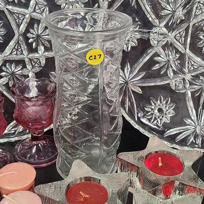 C227: Early American Prescut Divided Serving Platter and Candle Lot