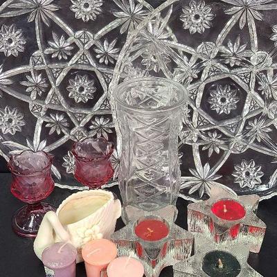 C227: Early American Prescut Divided Serving Platter and Candle Lot