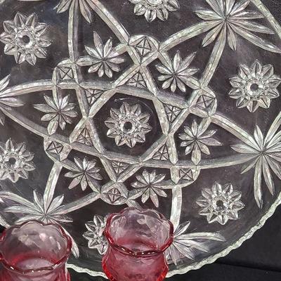C227: Early American Prescut Divided Serving Platter and Candle Lot