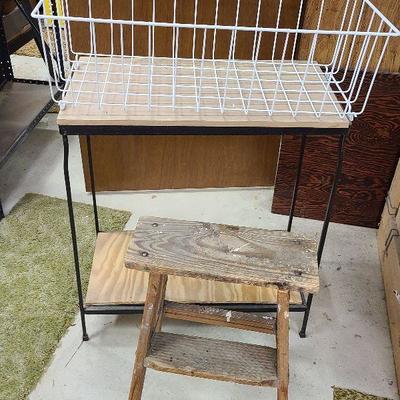 C248: Small Wood Ladder and Metal/Wood Shelf with Wire Basket