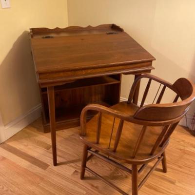 412: Vintage Pine Slant Front Desk with Bookshelf and Chair 