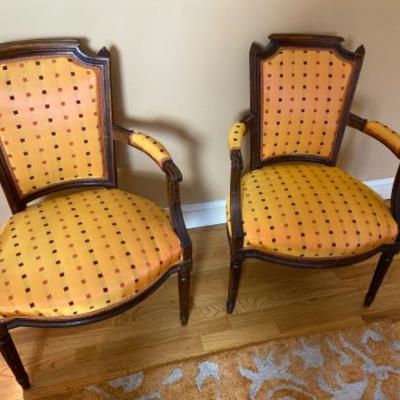 426: Pair of Antique French Silk Upholstered Arm Chairs 