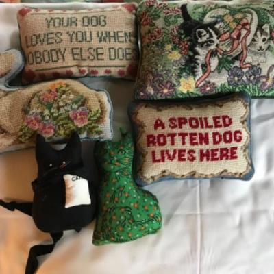 Lot #207 Needlepoint Pillows and Cat Decor