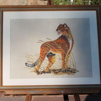Lot 2-206: Vintage Framed Cross Stitch Cheetah Fine Art Original {27
