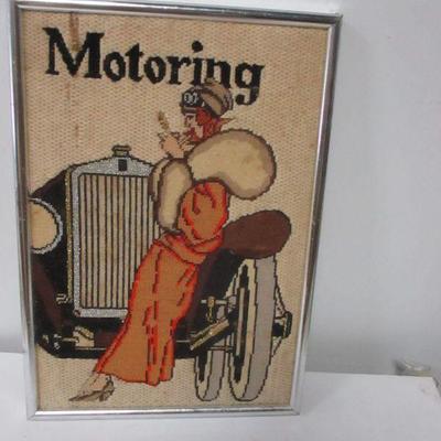 Lot 189 - Motoring Needlepoint Wall Hanging 19" x 13"