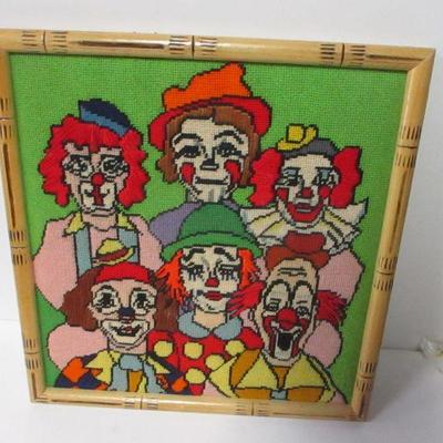 Lot 197 - Framed Clown Needlepoint 15" x 14 1/2"