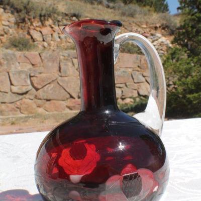 Lot 2-329: Pair of Antique/Vintage Art Glass Creations (One Purple Hand Painted Flower Vase & Ruby Red Handled Vase)