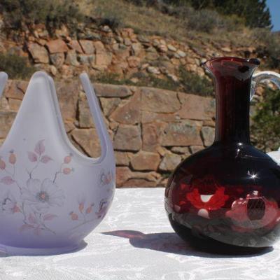 Lot 2-329: Pair of Antique/Vintage Art Glass Creations (One Purple Hand Painted Flower Vase & Ruby Red Handled Vase)