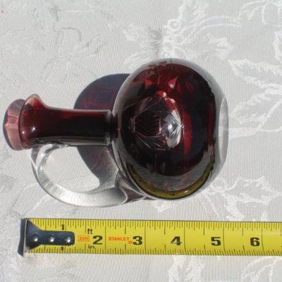 Lot 2-329: Pair of Antique/Vintage Art Glass Creations (One Purple Hand Painted Flower Vase & Ruby Red Handled Vase)