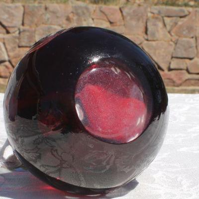 Lot 2-329: Pair of Antique/Vintage Art Glass Creations (One Purple Hand Painted Flower Vase & Ruby Red Handled Vase)