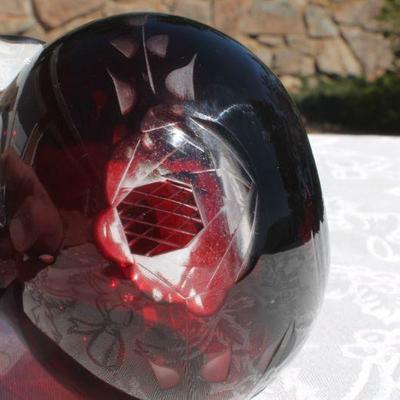 Lot 2-329: Pair of Antique/Vintage Art Glass Creations (One Purple Hand Painted Flower Vase & Ruby Red Handled Vase)