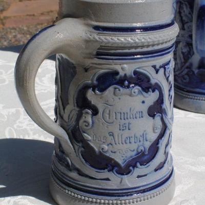 Lot 2-343: Large 1/2 Liter GERMANY Drinking Stein Set w/ 5 Glasses and 1 Tall Pitcher (lid is damaged)