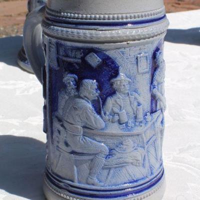 Lot 2-343: Large 1/2 Liter GERMANY Drinking Stein Set w/ 5 Glasses and 1 Tall Pitcher (lid is damaged)
