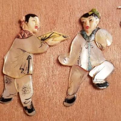 Lot 2-351: Vintage Pearl Figure Japanese Wall Art 15.5" x 7"