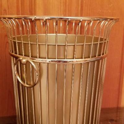 Lot 2-360: (2) Matching 11.5" Tall Mid Century Modern Wastebaskets Gold Tone MADE IN KOREA