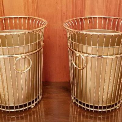 Lot 2-360: (2) Matching 11.5" Tall Mid Century Modern Wastebaskets Gold Tone MADE IN KOREA