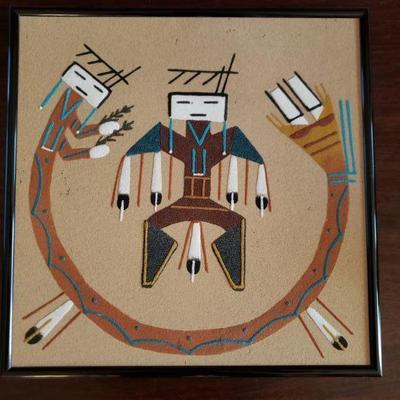 2-373: Vintage Navajo Sandpainting (Black Frame) Signed on Backside 