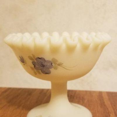 Lot 2-395: Antique/Vintage FENTON Art Glass Hand Painted SIGNED Ruffle Top Dish 4.5" x 4.5" 