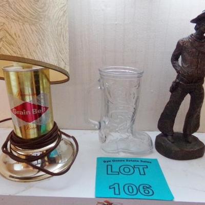 LOT 106  MICHAEL GARMAN COWBOY STATUE & BEER CAN LAMP