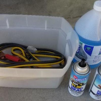 Lot 2-404: Car Care Bundle - Jumper Cables, Windshield Flyid and Fix a Flat Seal x 2 (full)