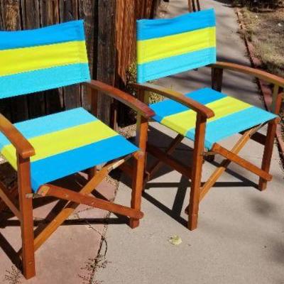 Lot 2-413: Pair of Folding Wood Frame Colorful Directors Chairs 34" Tall x 20.5" Wide