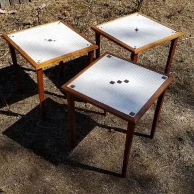 Lot 2-414: Vintage Set of (3) Mid Century Modern Tile Top Side Tables 17" x 15.5" Each