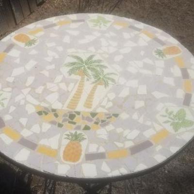 Lot 2-415: Vintage Heavy Iron Base Mosaic Pineapple Hospitality Tile Top Table 27.5" Wide x 28.5" Tall