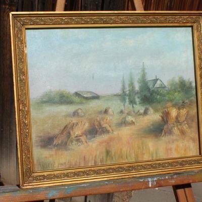 Lot 2-434: Antique 1907 Country Farm Scene Hay Harvest Oil Painting SIGNED in Original Glass Pane Frame 15" x 12" 