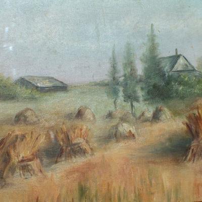 Lot 2-434: Antique 1907 Country Farm Scene Hay Harvest Oil Painting SIGNED in Original Glass Pane Frame 15" x 12" 