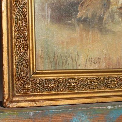 Lot 2-434: Antique 1907 Country Farm Scene Hay Harvest Oil Painting SIGNED in Original Glass Pane Frame 15" x 12" 