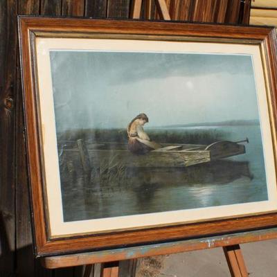 Lot 2-435: Antique Fine Art Framed Print of Girl in Boat 25" x 19" 