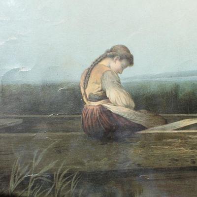 Lot 2-435: Antique Fine Art Framed Print of Girl in Boat 25" x 19" 